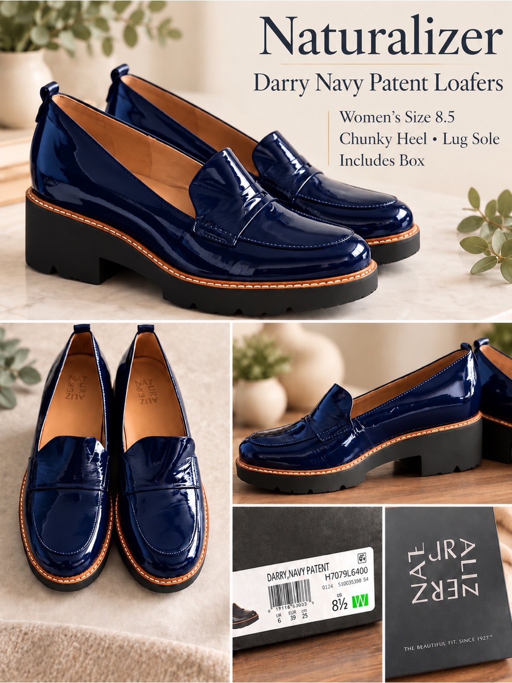 Naturalizer Darry Navy Patent Leather Lug Sole Loafers Women’s Size 8.5